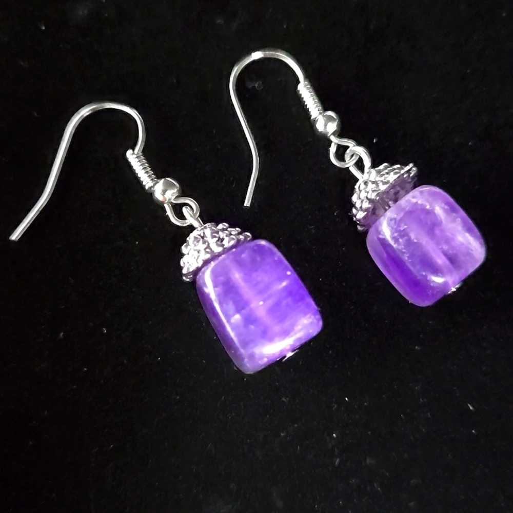 Vintange Handmade Silver Tone Purple Amethyst Dangle Earrings